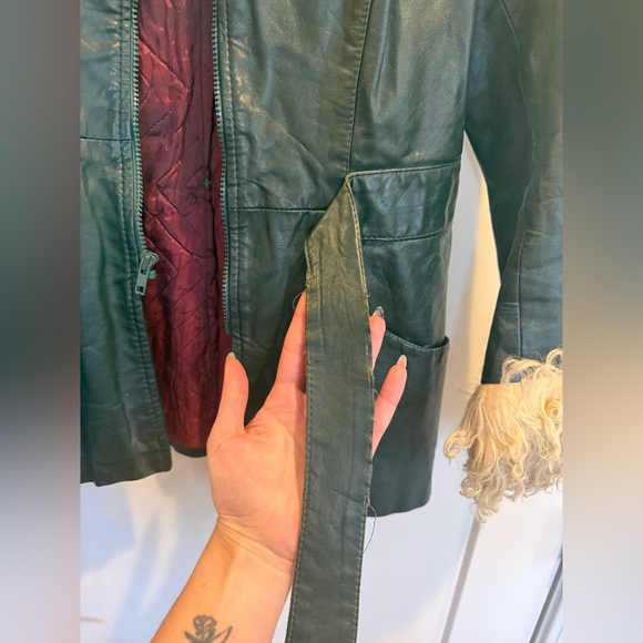 Vintage Dark Green Leather and cream Mongolian Shearling Fur Coat - Picture 5 of 8